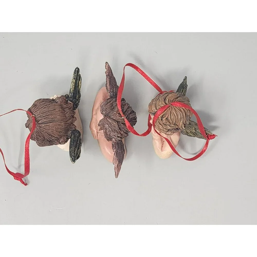 Set Of 3‎ Resin Angel Cherub Ornaments With Green Wings & Red Ribbon Hangers